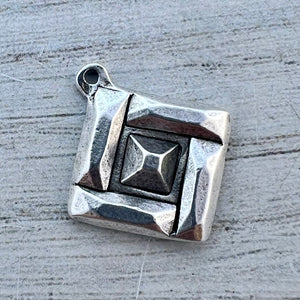 Geometric Abstract Diamond Shape Charm,  Antiqued Silver Pendant, Artisan Jewelry Components Supplies, SL-6292