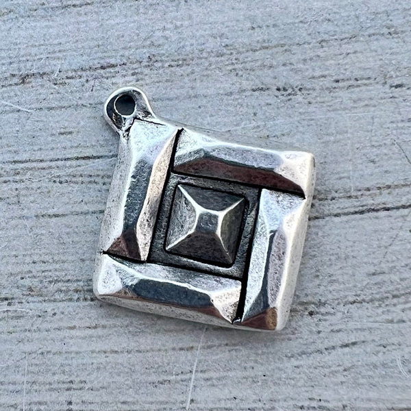Load image into Gallery viewer, Geometric Abstract Diamond Shape Charm,  Antiqued Silver Pendant, Artisan Jewelry Components Supplies, SL-6292
