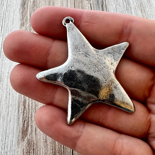 Load image into Gallery viewer, Large Smooth Star Pendant, Silver Pewter Artisan Charm for Jewelry Design, PW-6270
