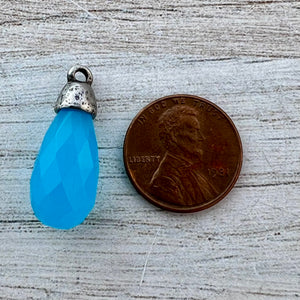 Blue Chalcedony Faceted Teardrop Briolette Drop Pendant with Silver Pewter Bead Cap, Jewelry Making Artisan Findings, PW-S041