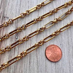 Gold Clip Chain, Alternating Long and Short Links, Chain by the Foot, Oval Cable, Jewelry Supplies, GL-2046