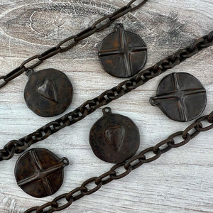 Circle Cross Heart Charm, Antiqued Rustic Brown Pendant, Jewelry Findings, BR-6294