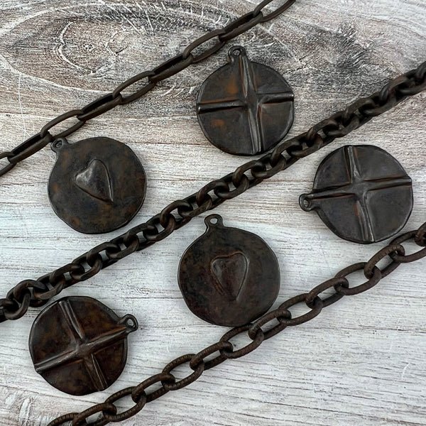 Load image into Gallery viewer, Circle Cross Heart Charm, Antiqued Rustic Brown Pendant, Jewelry Findings, BR-6294
