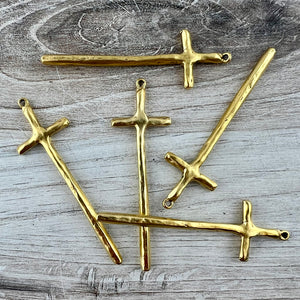 Tall Skinny Hammered Cross Pendant, Gold Cross, Charm for Jewelry Making Supplies, GL-6315