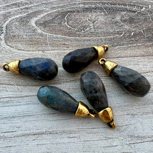 Labradorite Faceted Teardrop Briolette Drop Pendant with Gold Pewter Bead Cap, Jewelry Making Artisan Findings, GL-S040