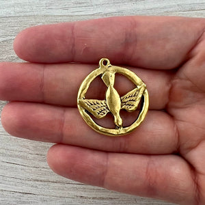 Circle Dove Pendant, Antiqued Gold Circle Charm, Jewelry Findings, GL-6297