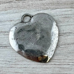 Large Silver Heart Pendant, Vintage Smooth Wavy Heart Charm, Jewelry Making Supplies, Components, PW-6317