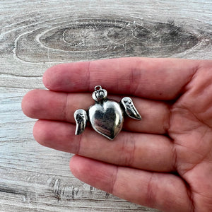 Smooth Winged Heart Pendant, Silver Crowned Charm, Artisan Jewelry Findings, Components PW-6310