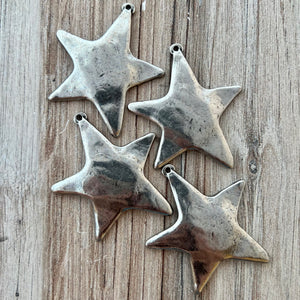 Large Smooth Star Pendant, Silver Pewter Artisan Charm for Jewelry Design, PW-6270