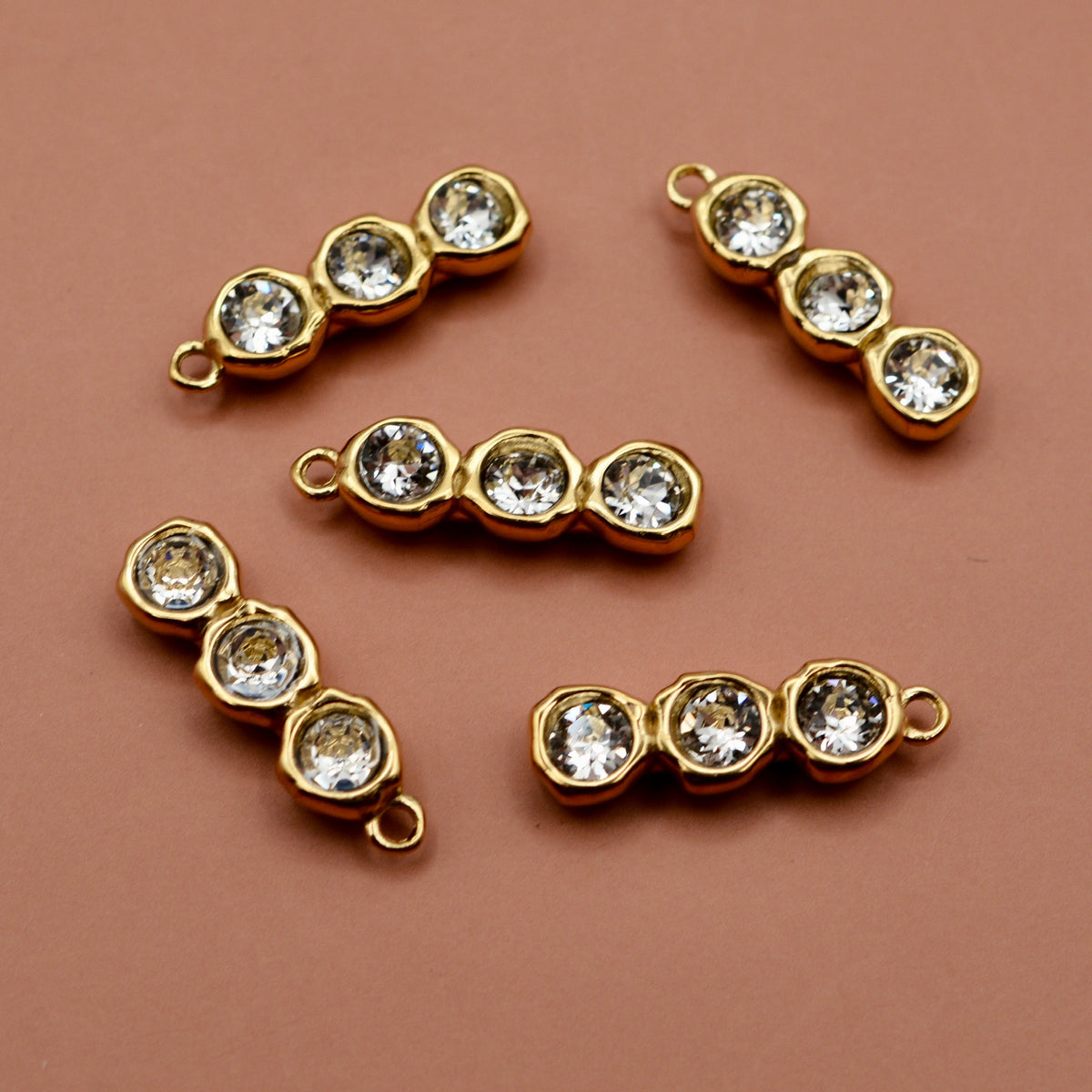 Triple CZ Bezel Drop Charm, Small Sparkling Gold Pendant, Rhinestone Minimal Jewelry Making Artisan Findings, GL-6555