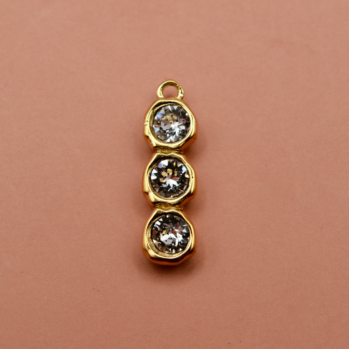 Triple CZ Bezel Drop Charm, Small Sparkling Gold Pendant, Rhinestone Minimal Jewelry Making Artisan Findings, GL-6555