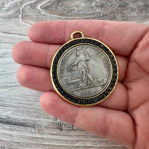 Large French Revolutionary Coin, Gold and Silver Mixed Metal Pendant With Black Rhinestones Crystals, Medal, GL-6316