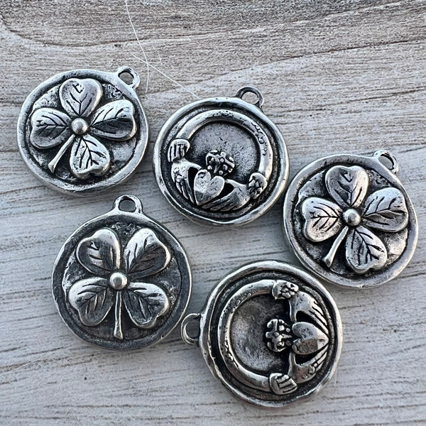 Load image into Gallery viewer, Soldered Shamrock Pendant, Irish Claddagh Charm, Four Leaf Clover Antiqued Silver, Jewelry Making Supplies, PW-6283
