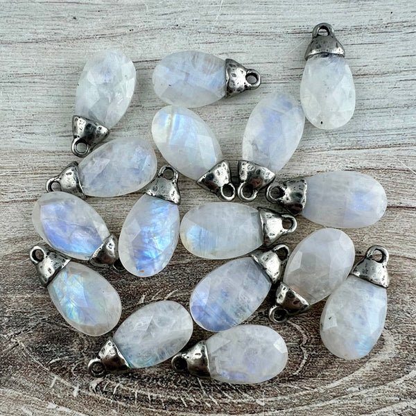 Load image into Gallery viewer, White Rainbow Moonstone Pear Faceted Briolette Drop Pendant with Antique Pewter Bead Cap, Gemstone, Jewelry Making Artisan Findings, PW-S044
