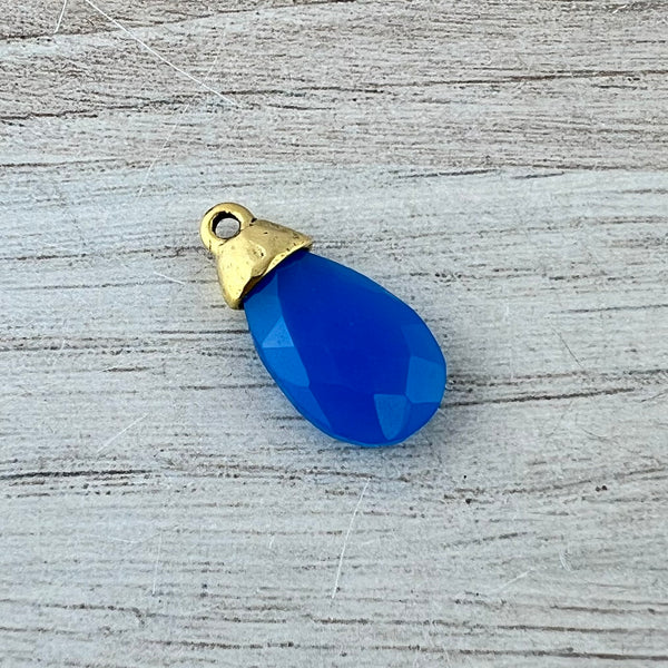 Load image into Gallery viewer, Blue Chalcedony Pear Faceted Briolette Drop Pendant with Antique Gold Bead Cap, Jewelry Making Artisan Findings, GL-S043
