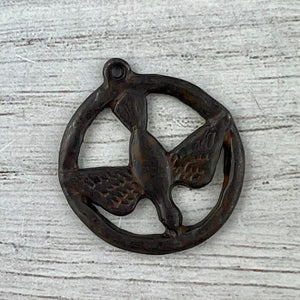 Circle Dove Pendant, Rustic Brown Circle Charm, Jewelry Findings, BR-6297