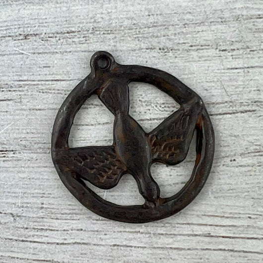 Circle Dove Pendant, Rustic Brown Circle Charm, Jewelry Findings, BR-6297