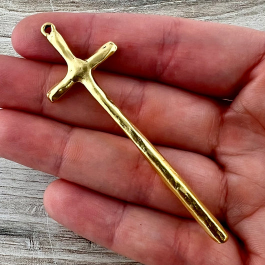 Tall Skinny Hammered Cross Pendant, Gold Cross, Charm for Jewelry Making Supplies, GL-6315