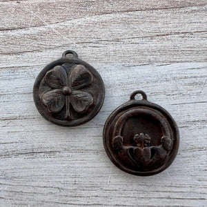 Soldered Shamrock Pendant, Irish Claddagh Charm, Four Leaf Clover Antiqued Brown, Jewelry Making Supplies, BR-6283