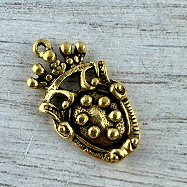 Load image into Gallery viewer, Old World Dotted Shield Medallion Charm, Antiqued Gold Crown Pendant, Jewelry Findings, GL-6300
