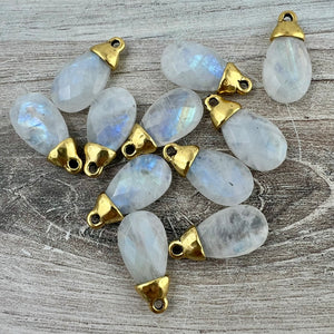 White Rainbow Moonstone Pear Faceted Briolette Drop Pendant with Antique Gold Bead Cap, Gemstone, Jewelry Making Artisan Findings, GL-S044