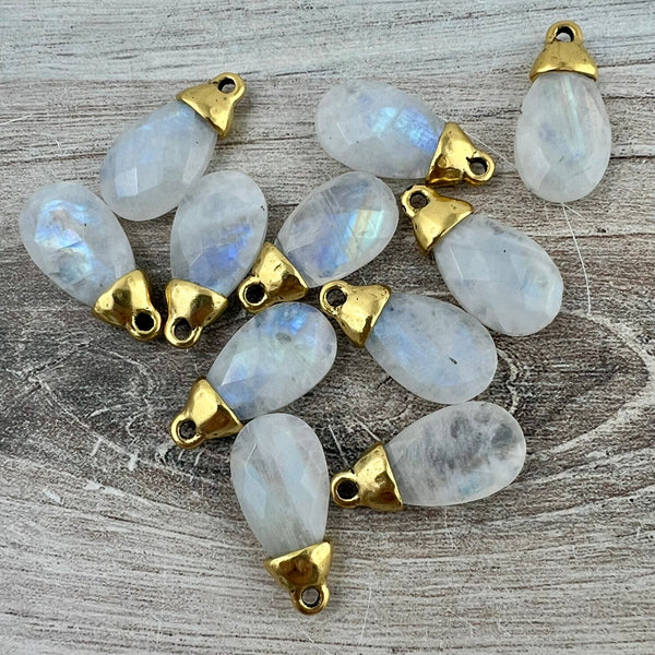 Load image into Gallery viewer, White Rainbow Moonstone Pear Faceted Briolette Drop Pendant with Antique Gold Bead Cap, Gemstone, Jewelry Making Artisan Findings, GL-S044
