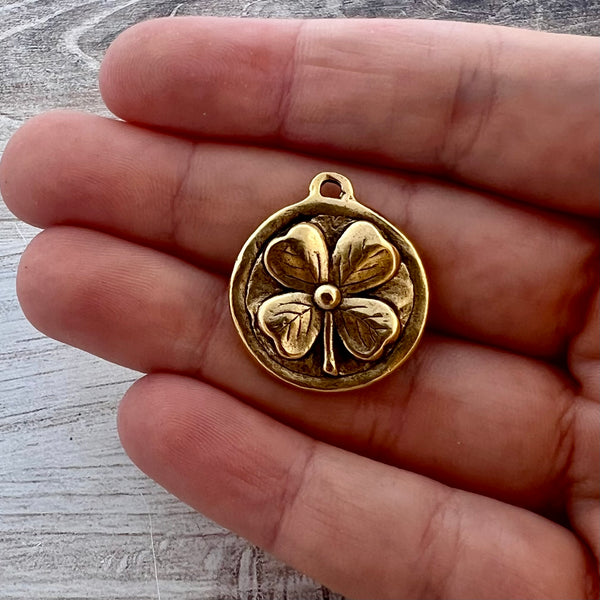 Load image into Gallery viewer, Soldered Shamrock Pendant, Irish Claddagh Charm, Four Leaf Clover Antiqued Gold, Jewelry Making Supplies, GL-6283
