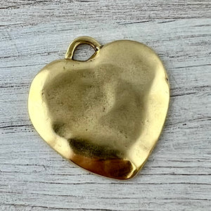 Large Gold Heart Pendant, Vintage Smooth Wavy Puffy Heart Charm, Jewelry Making Supplies, Components GL-6317