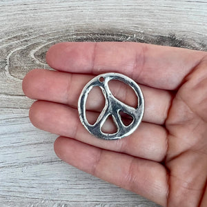 Peace Sign Pendant, Smooth Silver Pewter, Symbol Charm, Artisan Jewelry Findings, PW-6305