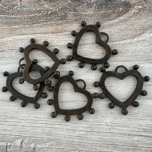 Dotted Heart Charm, Bumpy Rustic Brown Artisan Pendant, Jewelry Making, BR-6303