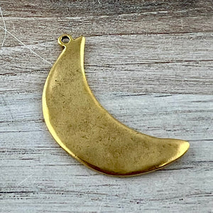 Wavy Crescent Moon Pendant, Large Gold Celestial Charm, Artisan Jewelry Findings, GL-6313