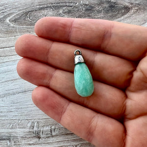 Amazonite Faceted Teardrop Briolette Drop Pendant with Silver Pewter Bead Cap, Jewelry Making Artisan Findings, PW-S039