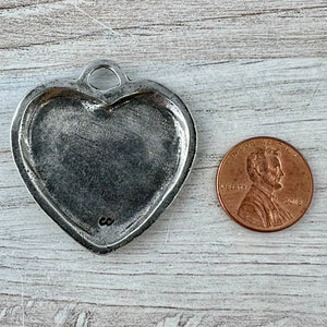 Large Silver Heart Pendant, Vintage Smooth Wavy Heart Charm, Jewelry Making Supplies, Components, PW-6317