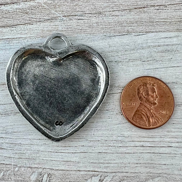 Load image into Gallery viewer, Large Silver Heart Pendant, Vintage Smooth Wavy Heart Charm, Jewelry Making Supplies, Components, PW-6317
