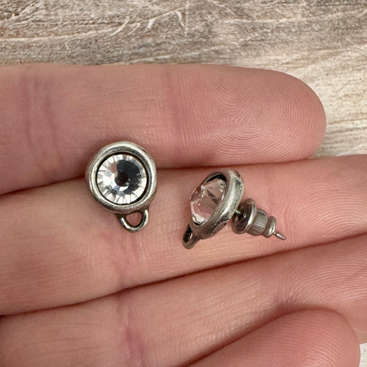 Pair Rhinestone Crystal Studs, Antiqued Silver Earrings, Jewelry Making Artisan Findings, PW-6289