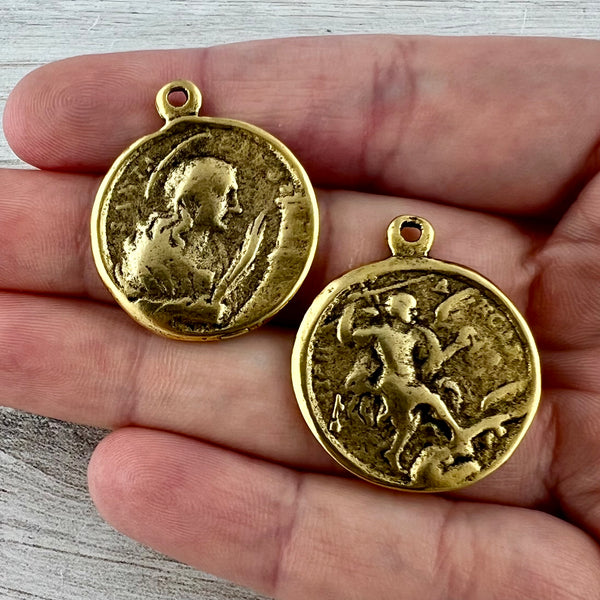Load image into Gallery viewer, Archangel St. Michael and St. Barbara, Catholic Medal, Antiqued Gold Religious Pendant Jewelry, GL-6290
