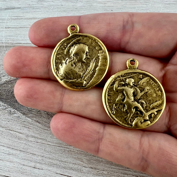 Load image into Gallery viewer, Archangel St. Michael and St. Barbara, Catholic Medal, Antiqued Gold Religious Pendant Jewelry, GL-6290
