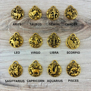 Zodiac Pendant, Gold Horoscope Charm, Birth Month Astrology Jewelry Making Medal, GL-6324