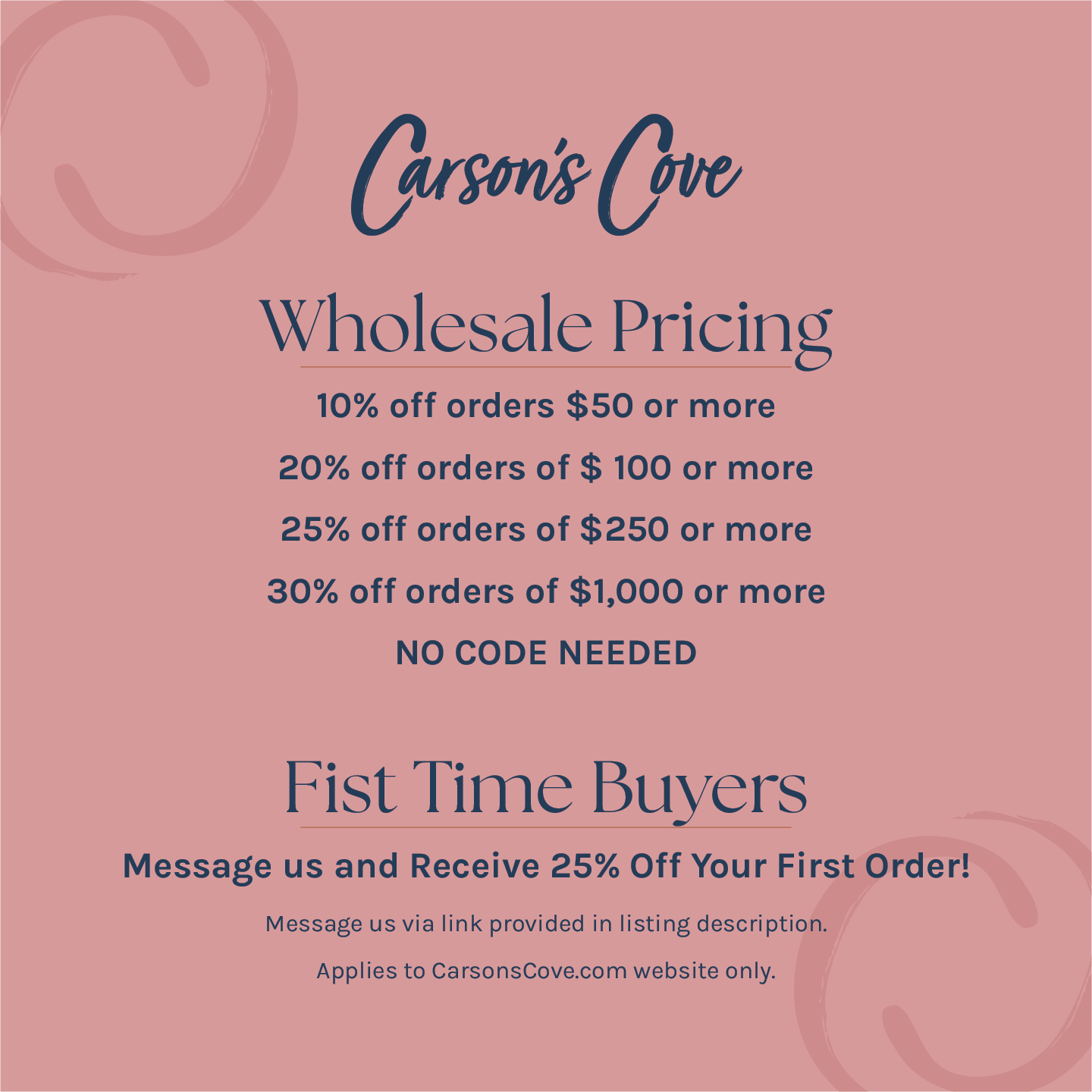 The image is a promotional advertisement for Carson's Cove, featuring a pink background with text and a graphic design.