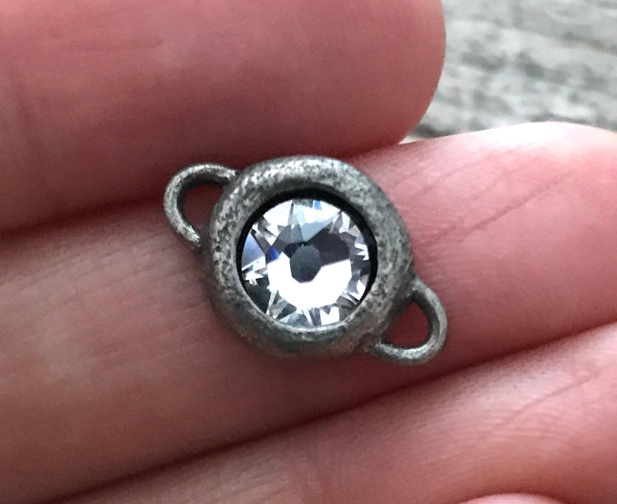 Crystal Clear Rhinestone Connector Charm, Antiqued Silver Pendant, Jewelry Making Artisan Findings, PW-6403
