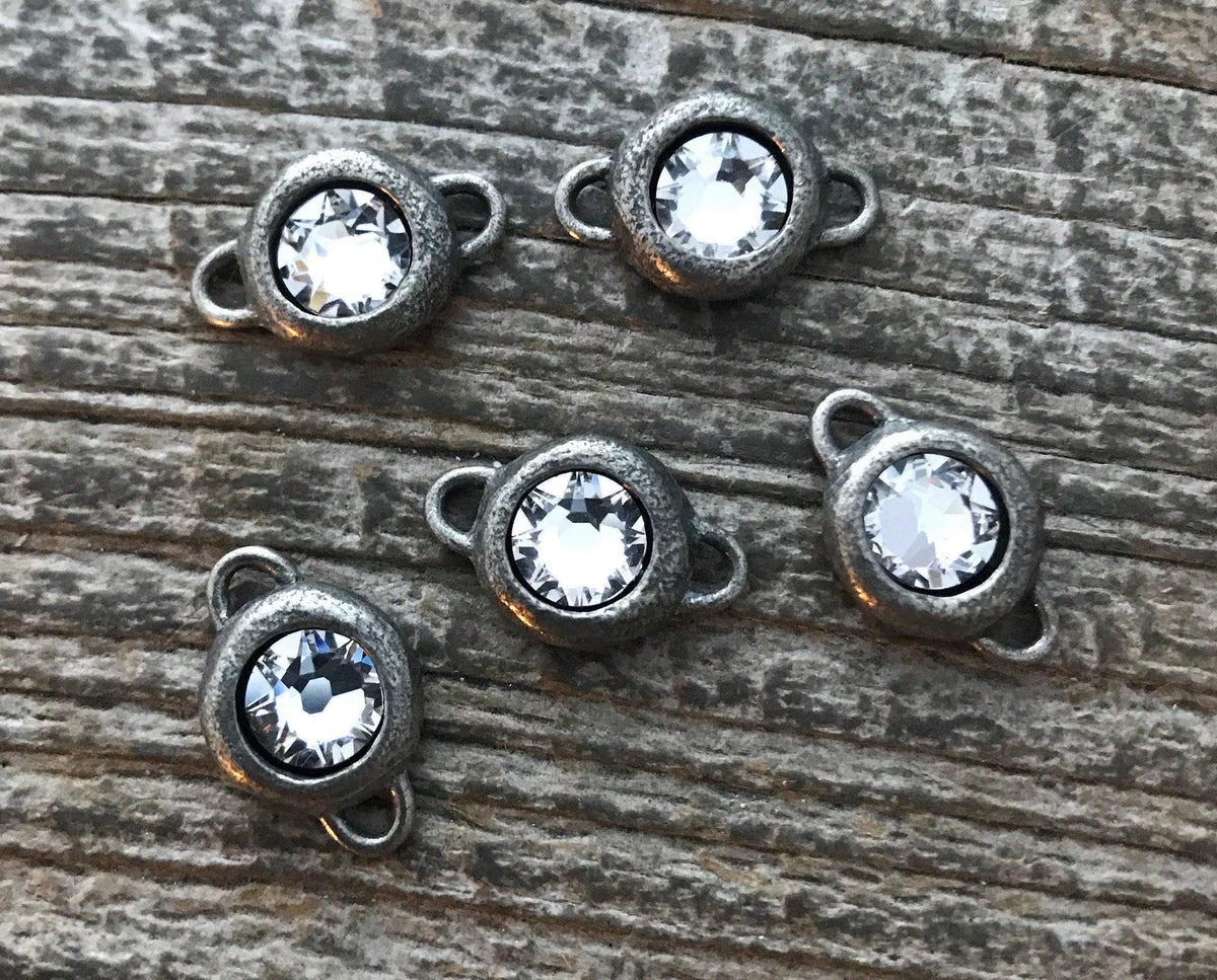 Crystal Clear Rhinestone Connector Charm, Antiqued Silver Pendant, Jewelry Making Artisan Findings, PW-6403