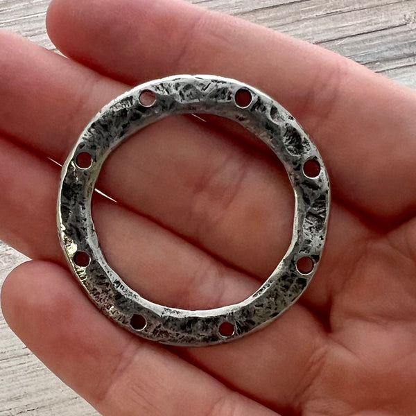 Load image into Gallery viewer, Large Hammered Ring Connector with Holes, Antiqued Pewter Circle Hoop, Eternity Ring, Leather Circle Link, Charm Holder, PW-6257
