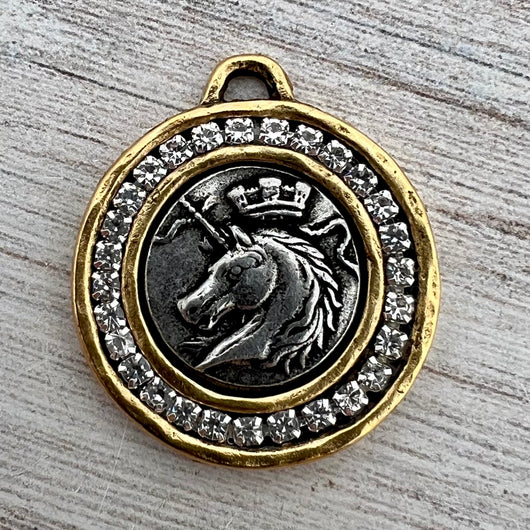 Unique Mixed Metal Unicorn Coin, Gold and Silver Rhinestone Pendant, Jewelry Making Supplies, GL-6264