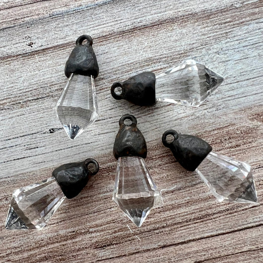 Chandelier Crystal Prism Drop Charm, Clear with Rustic Brown Bead Cap, Jewelry Making Artisan Findings, BR-S038