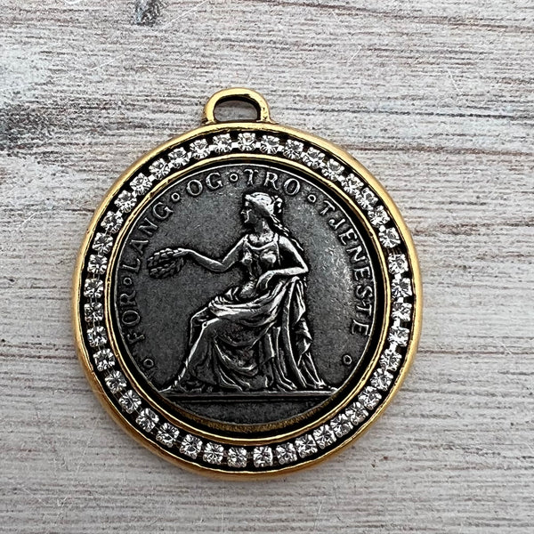 Load image into Gallery viewer, Large Norwegian Norway Coin, Gold and Silver Mixed Metal Pendant With Rhinestones, Medal, Jewelry Making Supplies, GL-6263
