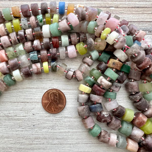 Full Multi-colored 9-12mm Heishi Beads, Colorful Rainbow Rondelle Tube Gemstones, Labradorite, Jasper, Jade, Chalcedony, Quartz, BD-0004