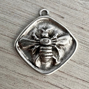 Large Bee Pendant, Antiqued Silver Diamond Shaped Bee Charm, Artisan Jewelry Components Supplies, SL-6261