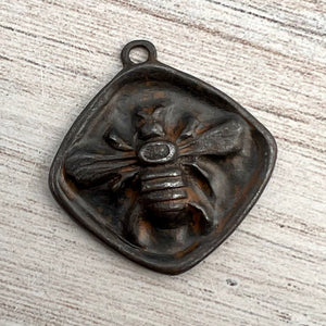 Large Bee Pendant, Rustic Brown Diamond Shaped Bee Charm, Artisan Jewelry Components Supplies, BR-6261