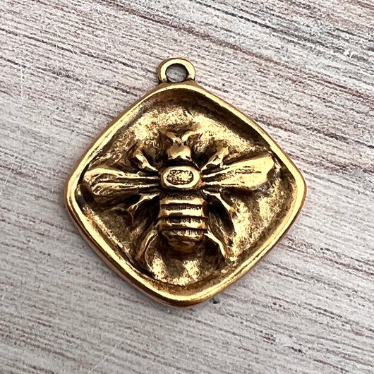 Large Bee Pendant, Antiqued Gold Diamond Shaped Bee Charm, Artisan Jewelry Components Supplies, GL-6261