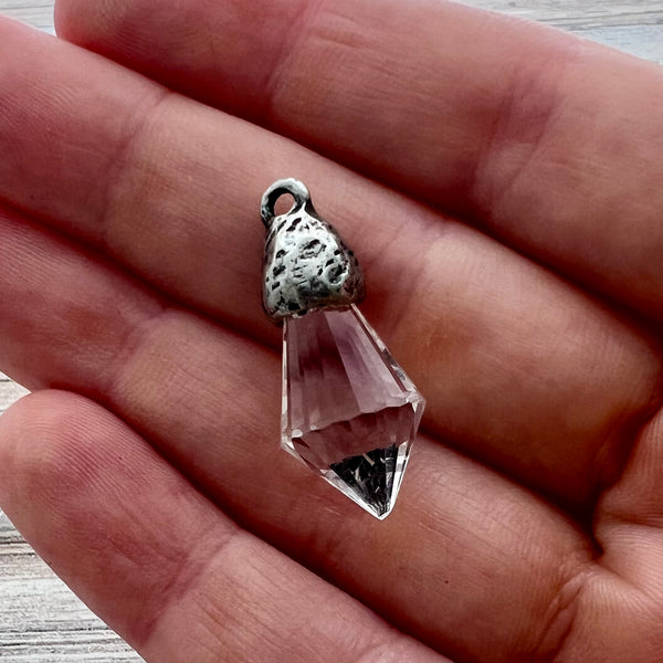 Load image into Gallery viewer, Chandelier Crystal Prism Drop Charm, Clear with Silver Pewter Bead Cap, Jewelry Making Artisan Findings, PW-S038
